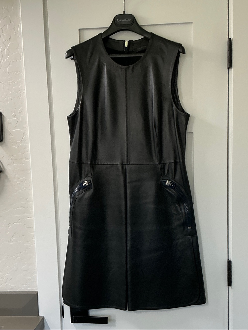 Vintage Calvin Klein Collection Black Sleeveless LeatherDress with Zip Accents